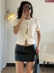 Chiquease New Sweet Fresh Simple Lace-Up Frill Hollow Out Women Cardigan Sweater, Spring/Summer - Apricot - View 6