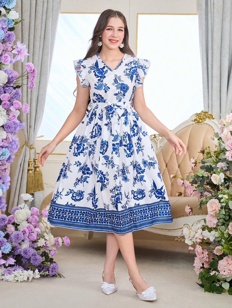 Teen Girl Elegant Holiday Floral Print Ruffled Collar Cap Sleeve Waisted Short Summer Vacation Dress,Holiday,Summer,Travel - Royal Blue - View 1