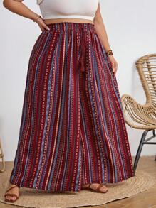 SHEIN CURVE+ 大码女式条纹印花流苏系腰宽松阔腿夏季度假休闲裤波西米亚风度假 - 彩色 - 查看 6