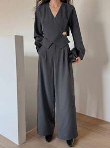 DAZY 2 件套精致时尚套装，包括收腰上衣和阔腿裤，优雅女装 - 灰色 - 查看 7