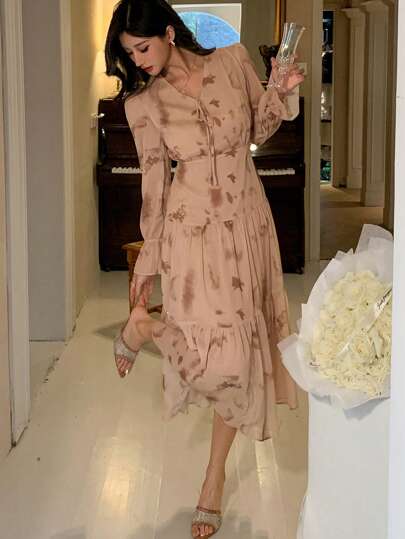 DAZY Full Print Ditsy Floral Waist Cinched Chiffon Women's Mid-Length Dress, Vacation Wear, Spring Prom Dress,Fall Dress Long Sleeve Dress