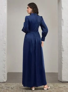 Modelyn Women's Round Neck Ruched Lantern Sleeve 2 In 1 Decorative Button A-Line Dress, Elegant - Blue - View 2