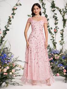 Coutiva Women Elegant Sequin Decorated Net Splice Loose Casual Evening Party Dress, Wedding Guest Dress Music Festival Spring/Summer, Formal Dress,Gown