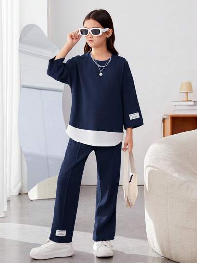 SHEIN 2 件套 Tween 女童街头风针织拼布圆领 3/4 袖上衣和宽腿印花裤休闲装