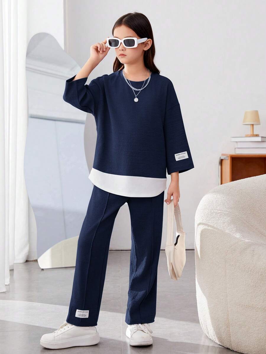 SHEIN 2 件套 Tween 女童街头风针织拼布圆领 3/4 袖上衣和宽腿印花裤休闲装 - 藏蓝色 - 查看 1