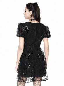 ROMWE Váy tay bồng phối lưới kim tuyến tương phản bí ẩn dành cho nữ, phong cách Gothic - màu đen - Xem 4