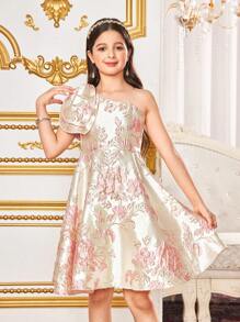 SHEIN Mädchen Tween elegantes Kleid aus luxuriösem Brokat-Stoff mit Blumendekor, asymmetrischer Schulter, tailliert, knielang. Blumenmädchen Kleid für Valentinstag, Party/Schulanfang, damenhaft, Prinzessinen-Stil, Hochzeitssaison, Geburtstagsparty - Pink - Übersicht 9