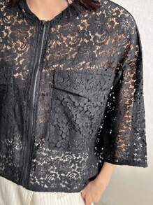 FRIFUL 女士蕾丝镂空休闲西装外套，简约时尚，适合日常商务穿着 - 黑色 - 查看 8