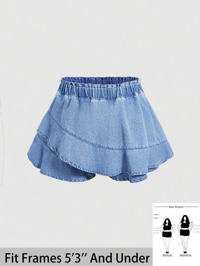 SHEIN PETITE CURVE 女士加大码不对称下摆蓝色牛仔短裤，夏季、度假女士、复活节、春季、西部、女性办公室、狂欢、婴儿洗礼、乡村风格、乡村女性、老钱风格女性、外出、节日、牛仔竞技、女性机场、韩流、热带度假女性、纳什维尔、欧洲夏季、音乐会、女牛仔、女性毕业海滩、度假女士、海滩、波西米亚风女士、邮轮装女士、老钱风格女性、伊比沙岛、波西米亚风时尚、宽松牛仔裤飘逸裤