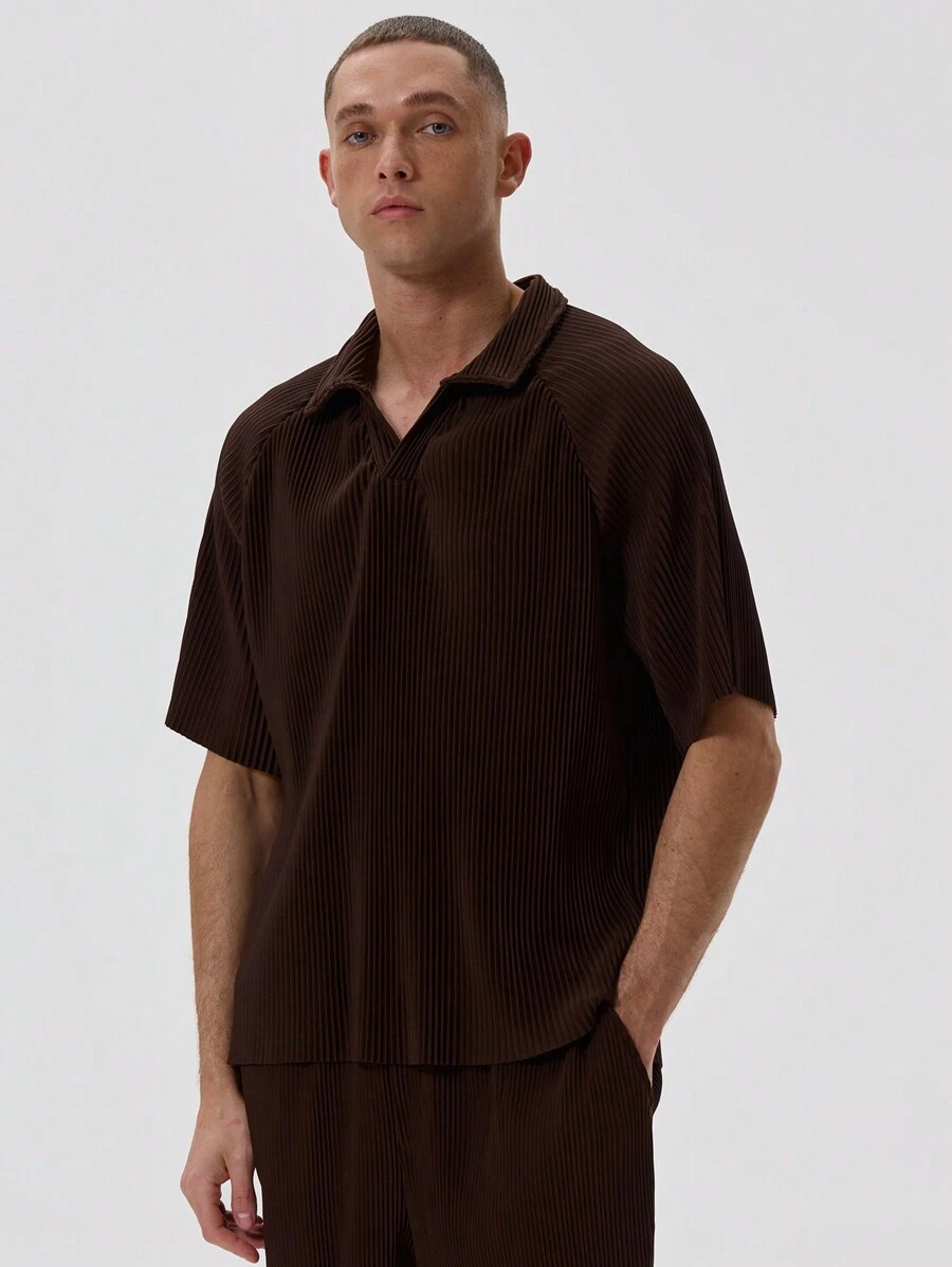 Musero Men Plisse Polo Boxy Buttonless Short Sleeve Shirt Spring Summer - Rust Brown - View 1