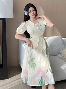 DAZY 1 pieza Vestido suelto de manga abullonada con escote en V y estampado floral para mujer - Albaricoque - Ver 9