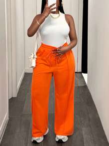Slaydiva Women Plus Size 2 Pieces Set: White Ribbed Racerback Tank Top And Wide Leg Sweatpants In Orange, Casual Sports Wear For Spring/Summer
