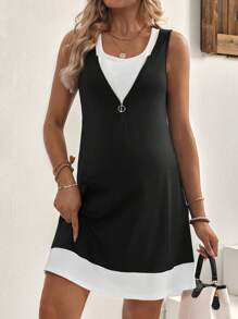 SHEIN Sleeveless Colorblock Zip-Up Maternity Bodycon Dress - Black - View 5