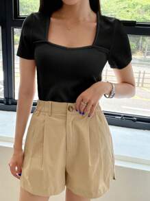 DAZY Women's Solid Color Square Neck Short Sleeve T-Shirt, Simple Fashion Casual Everyday Wear