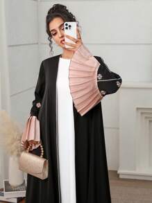 Yasmyna Abaya larga con mangas abullonadas de color bloque plisada, vestido modesto - Negro - Ver 2