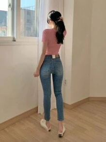 DAZY 纯色修身圆领 T 恤，休闲百搭 - 粉色 - 查看 2