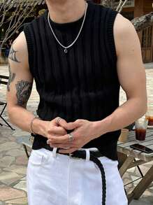 DAZY Summer Textured Slim-Fit Black Knit Sweater Vest For Men - Black - View 4