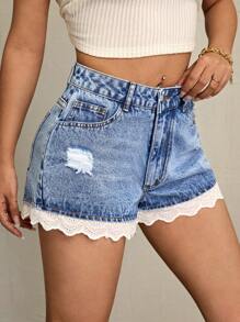 SHEIN SXY 可爱休闲女式牛仔短裤 - 藍色 - 查看 4