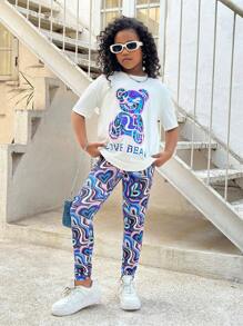 SHEIN Leap Crew Tween Girls' Casual Knitted Crew Neck Short Sleeve Top & Long Pants Set, Bear Pattern - Purple - View 3