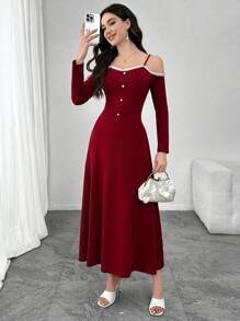 Modelyn Women's Korean Style Charming V-Neck Camisole Dress With Floral Lace Trim, Fitted And Slimming, Long Length - Burgundy - View 2