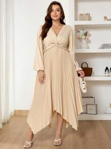 SHEIN Frenchy Plus Size Elegant Solid Color Lantern Sleeve Twist Elegant Women Dresses Old Money Pleated Midi Dress