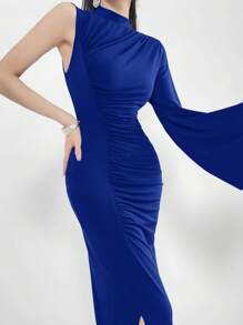 Modelyn 勃艮第红色女士春夏纯色立领喇叭袖长款紧身连衣裙，配美人鱼下摆，优雅