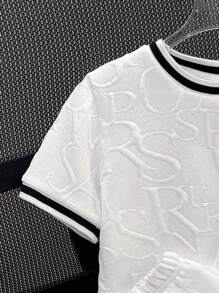 2pcs Kids Boy Casual Sports Textured Crew Neck Loose Sweatshirt And Shorts Set, Versatile Outfit For Spring/Summer Outdoor Play - White - View 7