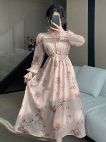 DAZY Women Floral Print Ruffle Collar Puff Sleeve Mid-Length Dress,Fall Dress Long Sleeve Dress - Pink - View 10