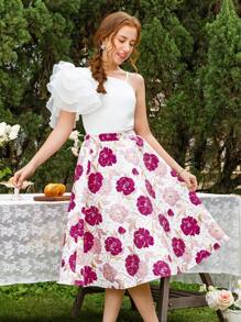 SHEIN Teenage Girls Ruffle Strap Knit Camisole Top And Elegant Floral Jacquard Skirt Set, Spring/Summer - Pink - View 7