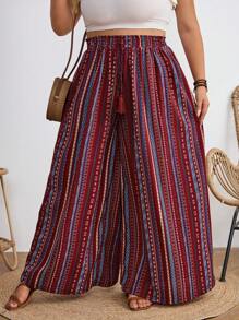 SHEIN CURVE+ 大码女式条纹印花流苏系腰宽松阔腿夏季度假休闲裤波西米亚风度假 - 彩色 - 查看 5