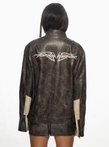 MISSGUIDED Chaqueta de motocross oversize con diseño de tatuaje, moda Y2K, ropa de calle, estilo motorista, carreras de motos, abrigo de otoño e invierno con un toque audaz