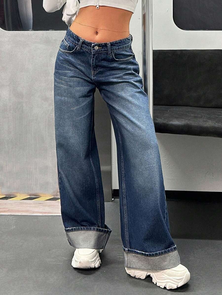 EURMUSE WOMEN LOW WAIST WIDELEG CASUAL STREET WEAR FOLD UP DETAIL - Dark Wash - View 1