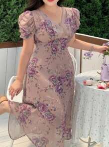 Dazy Petite Plus Plus Size Floral Print V-Neck Puff Sleeve Mini Dress, Purple, Spring/Summer Draped Dress Pink Milkmaid Dress Sundress - Purple - View 1