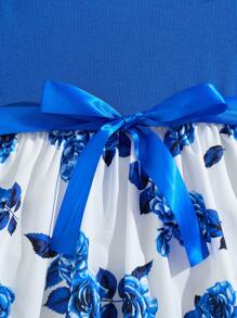 SHEIN Teens Girls Elegant Knit Printed Waist-Cinching A-Line Dress, Casual Daily Wear - Blue and White - View 3