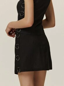 Poéselle 女士金属环装饰裙亚麻裙休闲度假女裙黑色裙子女士纯色简约休闲日常穿搭裙夏季女装女裙波西米亚风海滩女装春装女装夏季女装牛仔女装下装 Y2k 海滩裙