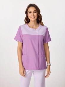 TaskEZ Contrast Color Round Neck Short Sleeve Scrub Uniform Top - Mauve Purple - View 6