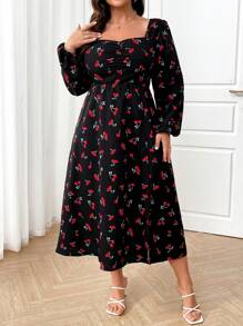 SHEIN Clasi Plus Size Women Elegant Romantic Cherry Print Open Back Split Dress - Black - View 1