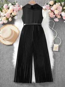 SHEIN Tween Girls Solid Turndown Collar Sleeveless Urban Elegant Jumpsuit With Pleated Pants - Black - View 3