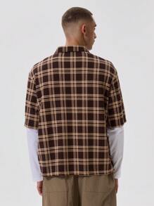 Musero Checkered Zip Collar Shirt Long Sleeve Layer Oversized T-Shirt Top