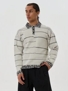Musero Striped Knit Oversized Jumper Contrast Pattern Collared Polo Style Sweater Autumn Winter Essentials - Multicolor - View 1