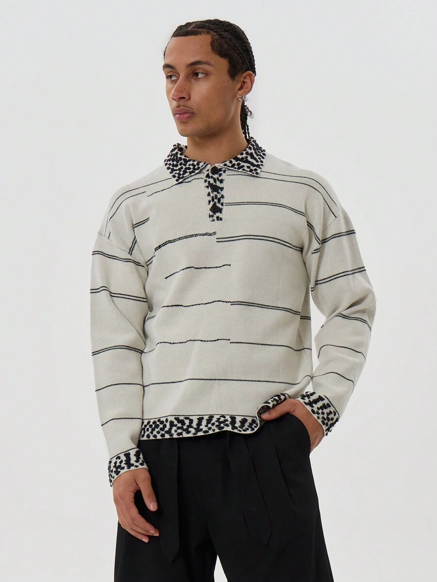 Musero Striped Knit Oversized Jumper Contrast Pattern Collared Polo Style Sweater Autumn Winter Essentials - Multicolor - View 1