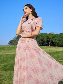 Modelyn 女士系带领口收腰褶皱连衣裙