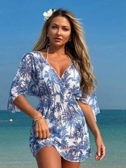 Swim Lushoire Beach Summer Vacation Outfit Women Tropical Print Sheer Loose Waist V Neck Mid-Length Casual Cover Up Shirt