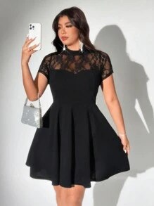 Viva Relle Plus Size Lace Patchwork Stand Collar Short Sleeve Simple Crop Mini Dress - Black - View 1