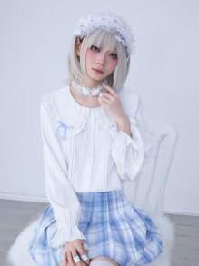 ROMWE Kawaii 可爱甜美彼得潘领女式长袖纽扣衬衫 - 白色 - 查看 4