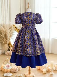 SHEIN Tween Girls Woven Jacquard Floral Print Puff Sleeve Ruffle Hem Mix Dress, Regal Dress, Cobalt Blue - Royal Blue - View 14
