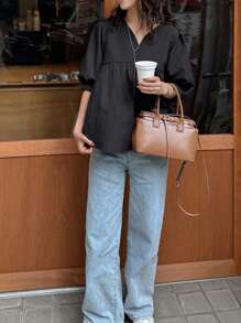 FRIFUL 女式黑色 V 领泡泡袖衬衫，夏季服装，荷叶边