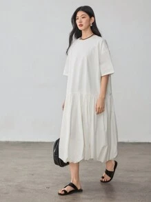 Dazy-Less Váy midi suông rộng rãi tối giản nghệ thuật hoa chắp vá đơn giản cho nữ mùa hè phong cách cổ điển - trắng - Xem 2