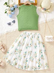 SHEIN 套装少女优雅淑女简约绿色无袖上衣和雪纺优雅裙子，夏季 - 綠色 - 查看 9