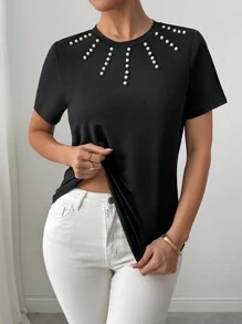 SHEIN 女士黑白泡泡珠装饰圆领短袖上衣 - 黑色 - 查看 6